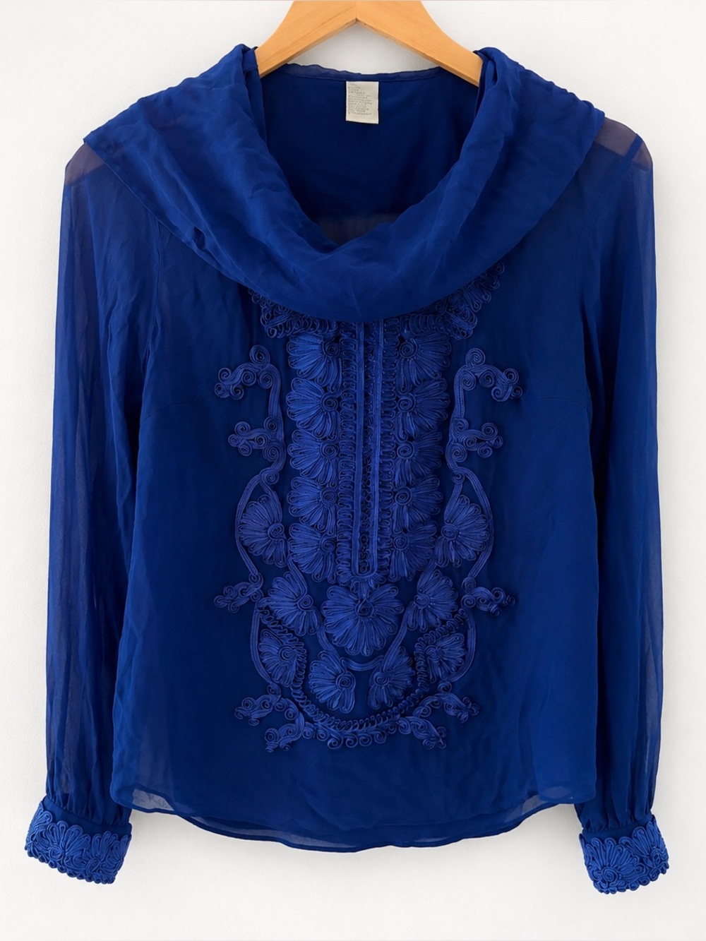 Soft Surroundings Silk Embroidered Blouse Top Small Blue Sheer Overlay Boho 90s